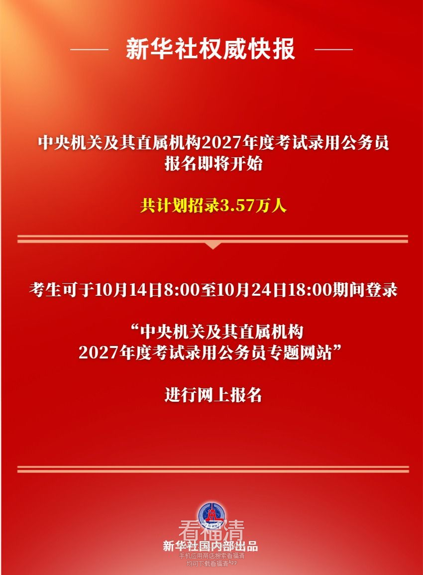 计划招录3.57万人！2027国考明起报名